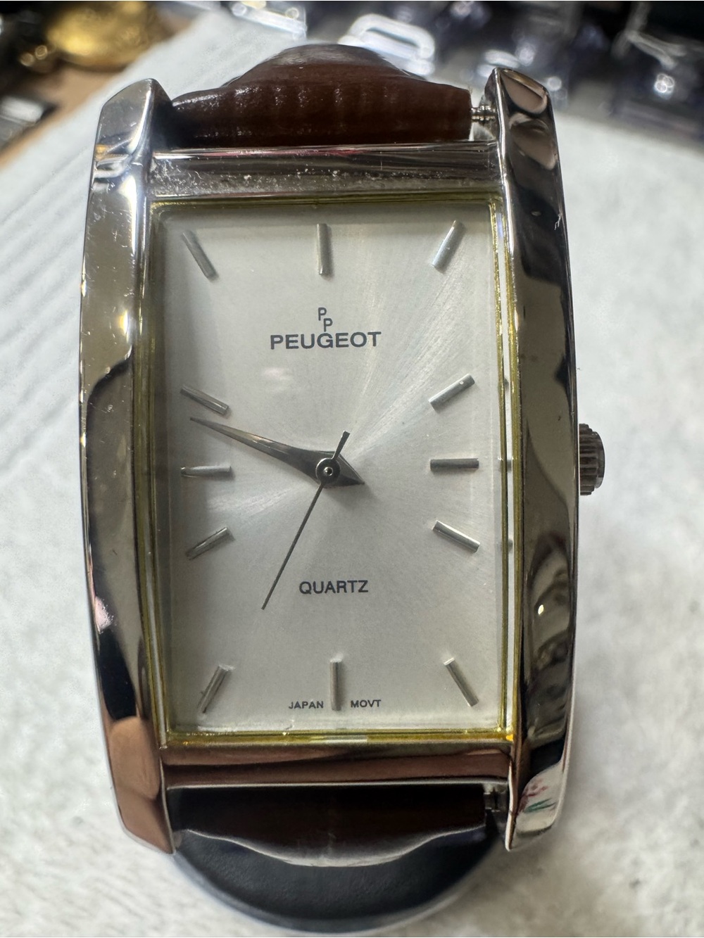 Peugeot Silver Dial Brown Leather-Strap Rectangular Watch